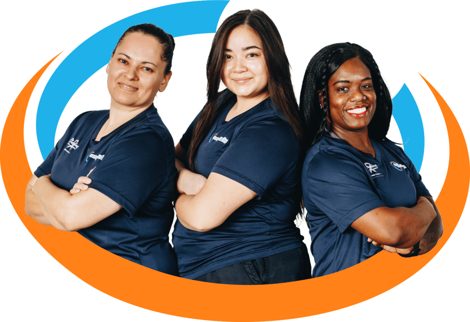 Three cleaning techs back to back with their arms crossed